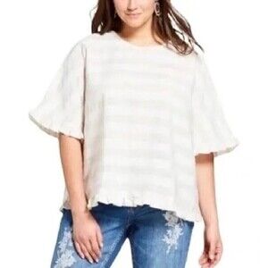 Who What Wear Striped Linen Blend Ruffle Hem Short Sleeve Top